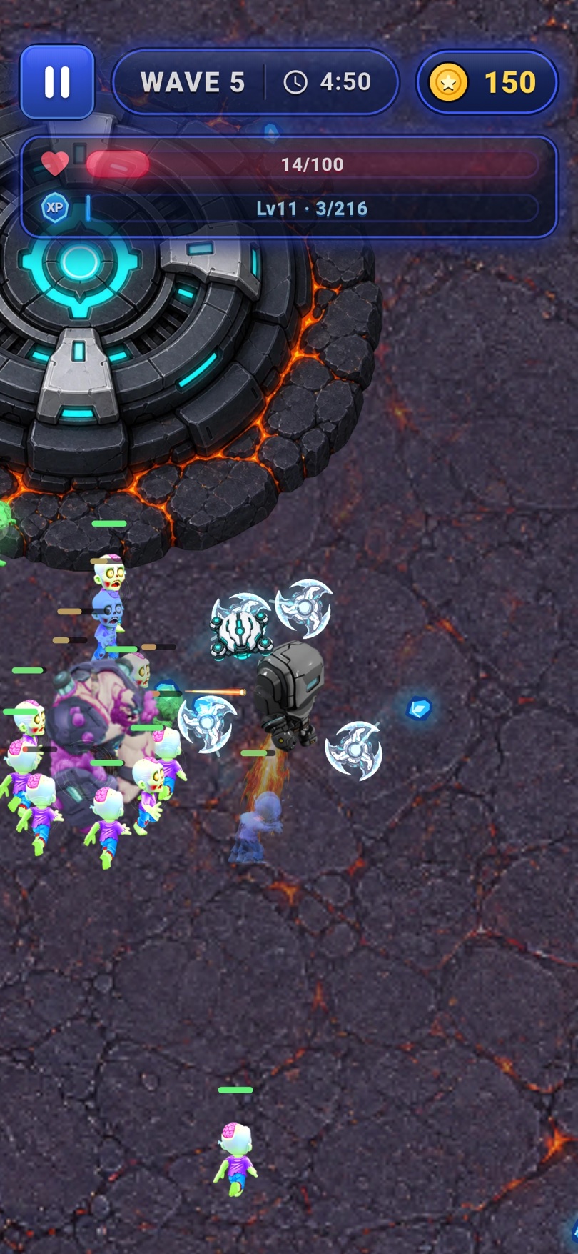 Orbi fighting a large enemy swarm in the Lava Forge arena